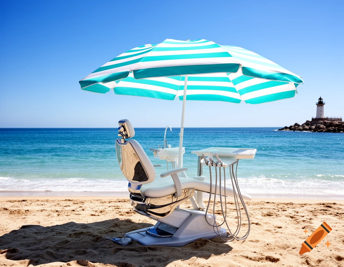 A white dental chair with instruments and a striped umbrella on a sandy beach, with the ocean and a lighthouse.