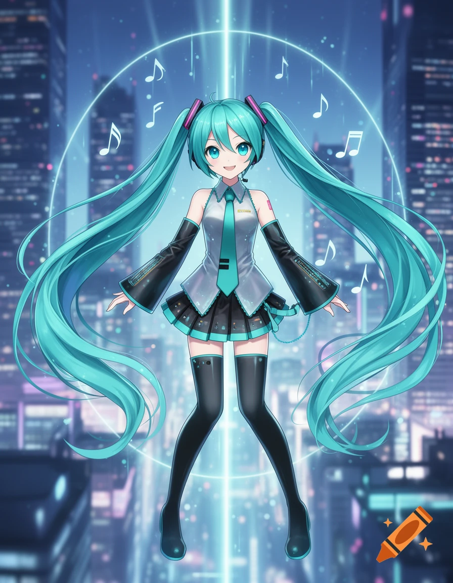 Hatsune Miku with long turquoise pigtails floats in a futuristic city, surrounded by glowing musical notes.