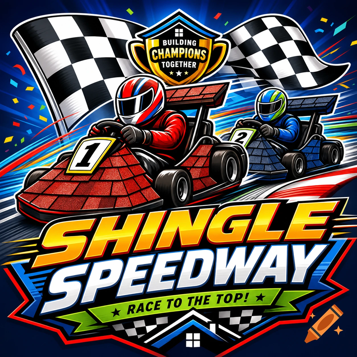 A vibrant, logo-style illustration depicts two go-karts with shingle roofs racing past a checkered flag and confetti. Text reads 'SHINGLE SPEEDWAY'.