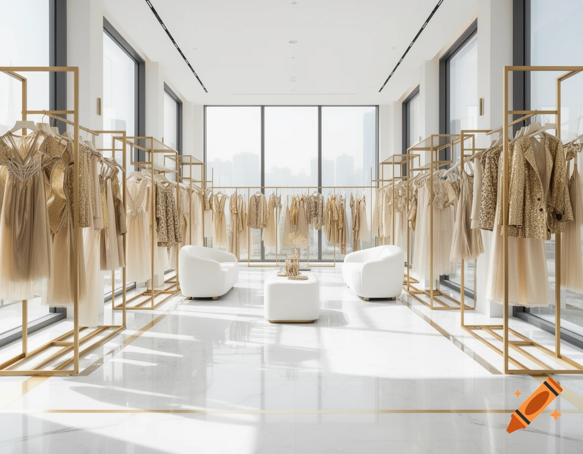 Bright, modern clothing store interior with gold racks displaying gold and white garments, white marble floors, and minimalist white furniture.