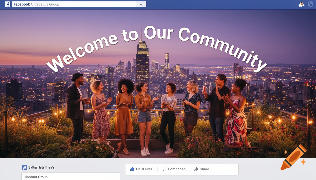 A diverse group of friends on a rooftop garden overlooking a city skyline at dusk, with "Welcome to Our Community" text arcing over them, stylized as a Facebook group banner.
