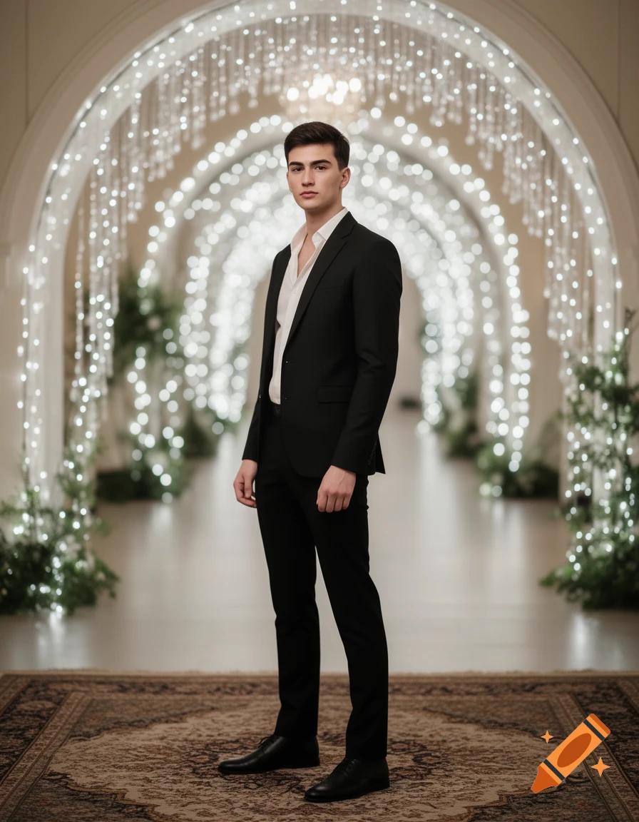 A young man in a black suit and white shirt stands on a patterned rug under an archway illuminated by small white lights.