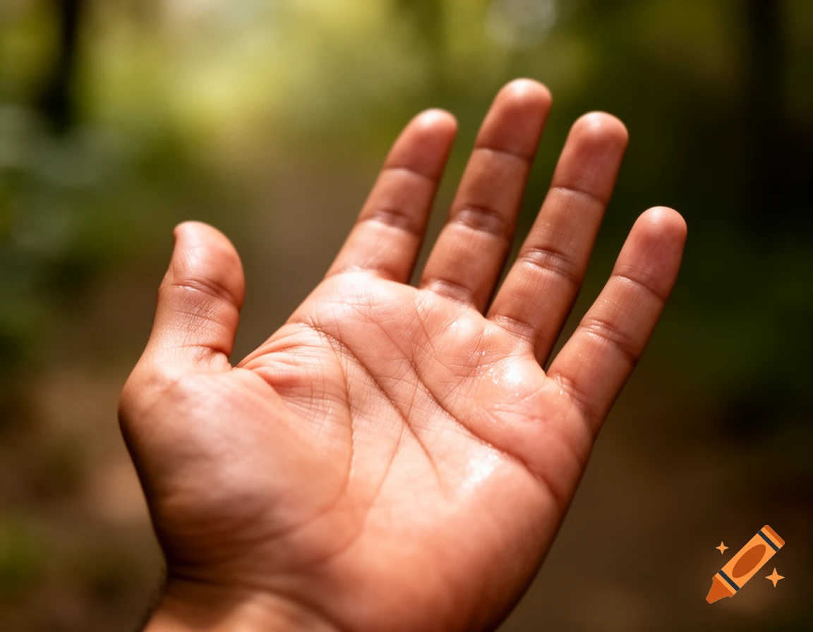 Close-up of a human hand with its palm facing up against a blurred green background.