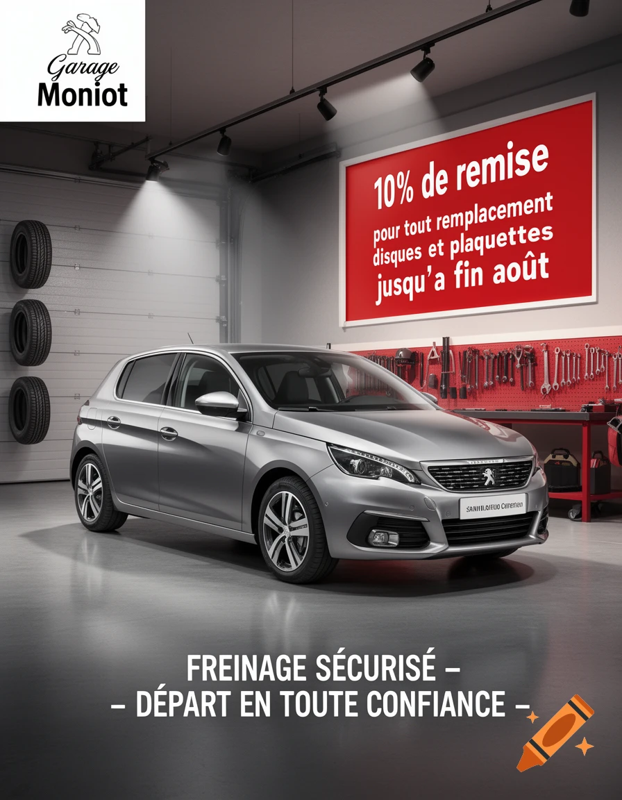 Photorealistic image of a silver car in a garage with a red sign advertising a 10% discount on brakes.