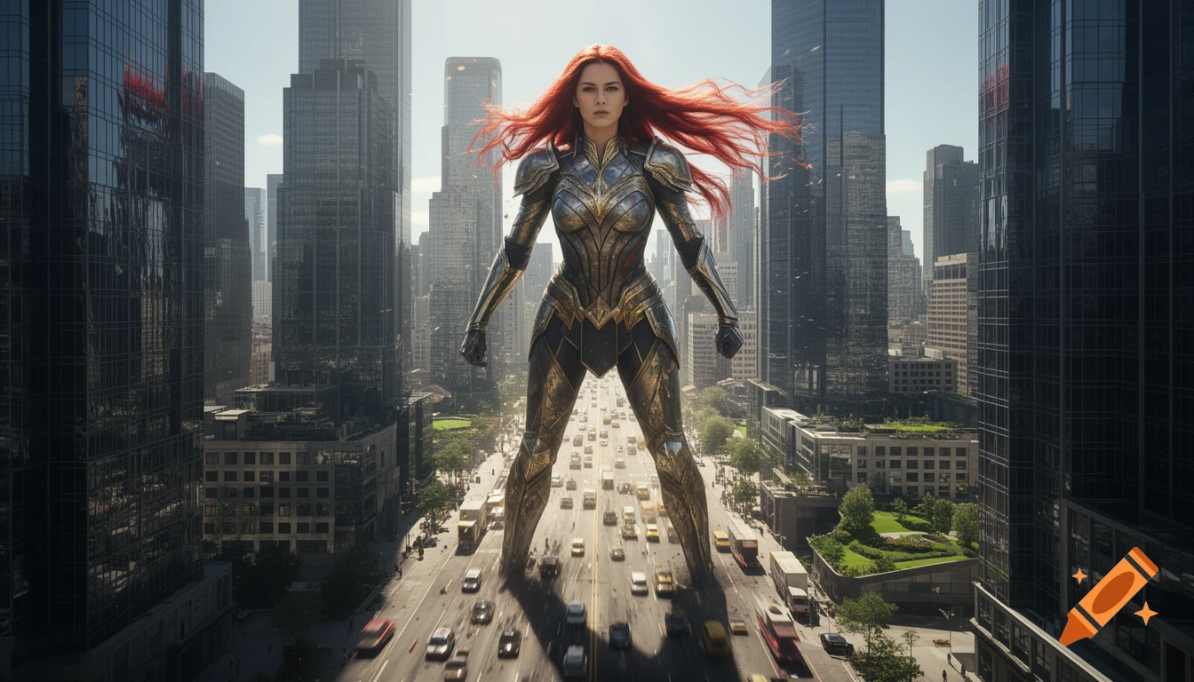 A giant woman with flowing red hair in gold and black armor stands over a busy city street, surrounded by skyscrapers, photorealistic.