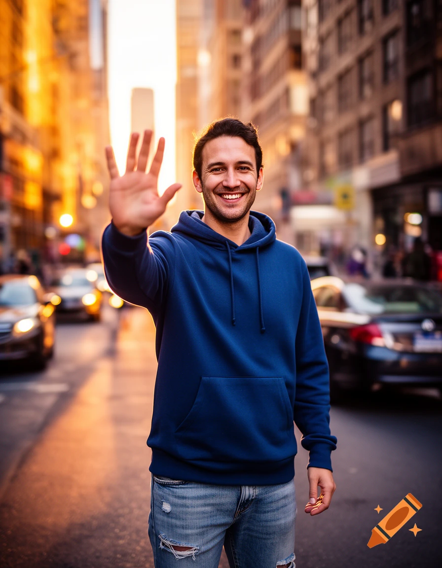A smiling man in a blue hoodie and ripped jeans waves at the camera on a city street at sunset, with blurry buildings and cars in the background.
