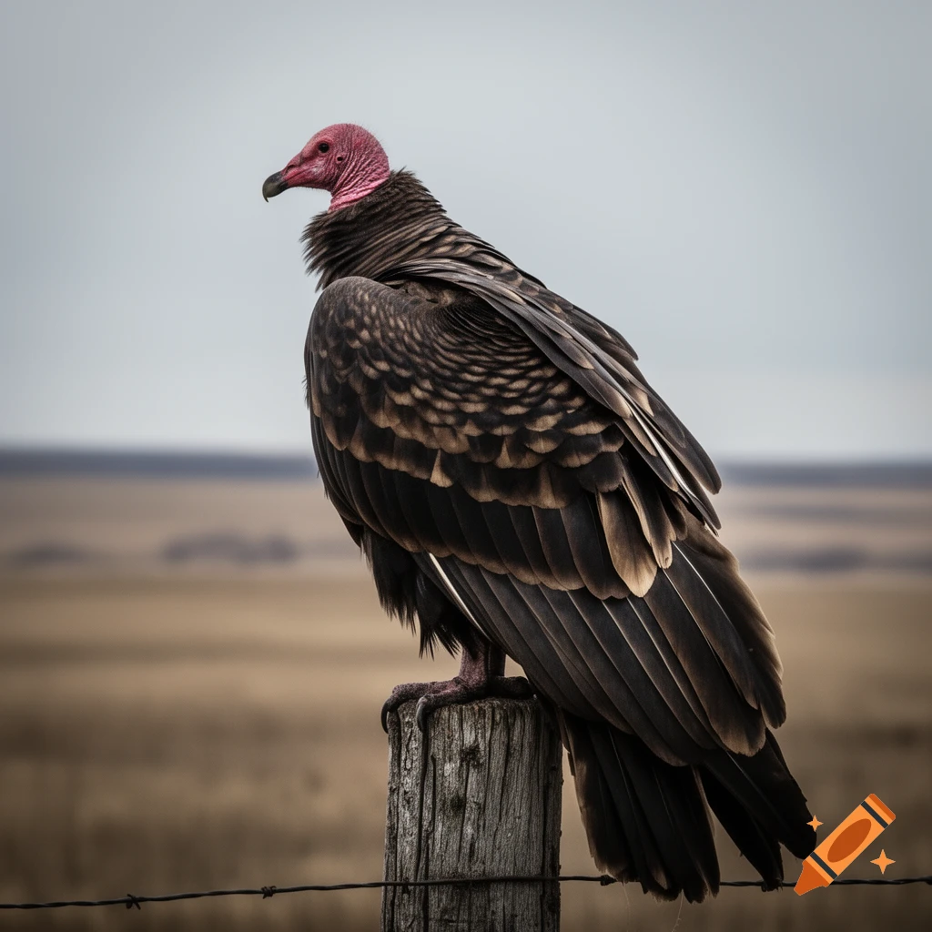 A photorealistic turkey vulture with a red head perches on a wooden fence post, overlooking a wide, muted landscape.