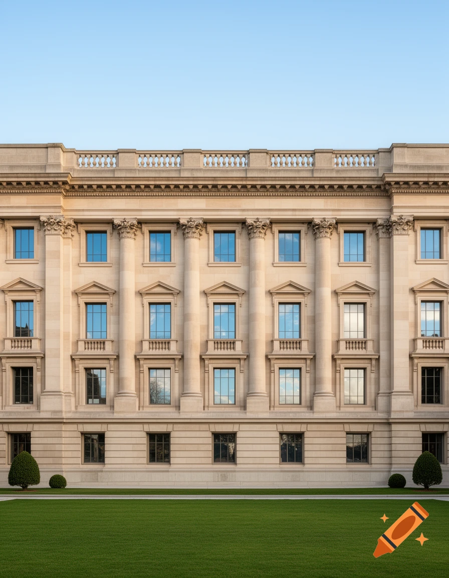 Symmetrical classical building facade with columns, many windows, and a balustrade, a green lawn and bushes in front under a blue sky.