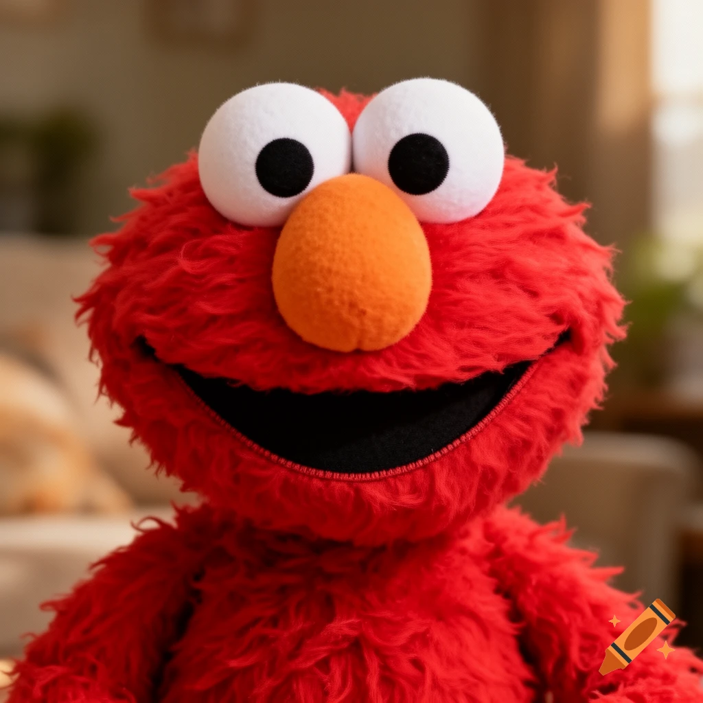 Close-up of a red, furry Elmo plush toy with white eyes, black pupils, and an orange nose, smiling in a room.