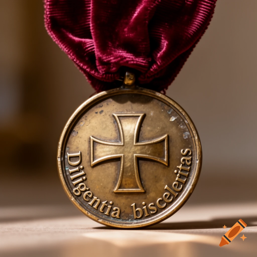 A close-up shot of a round bronze medal featuring a cross and the inscription 'Diligentia bisceleritas' on a dark red velvet ribbon.