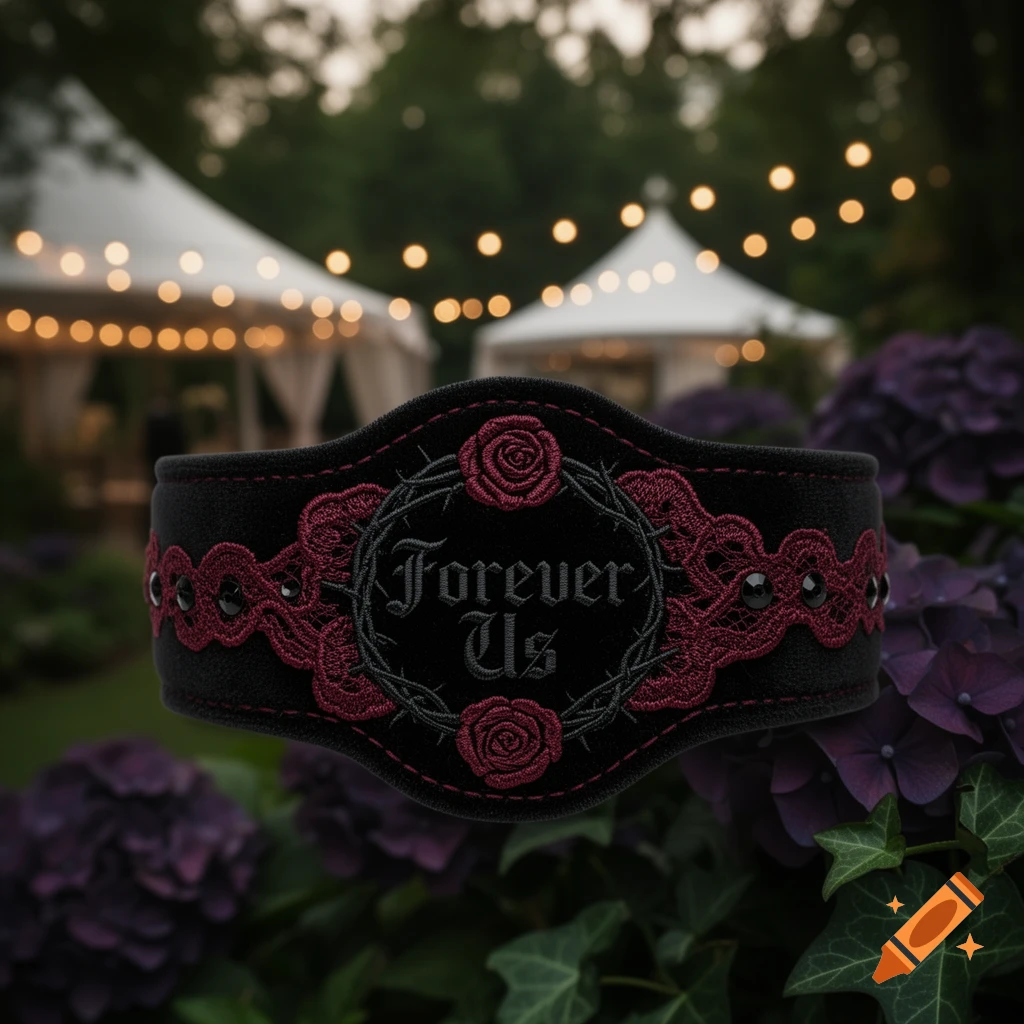 A black gothic choker with embroidered red roses, thorns, and 'Forever Us' text, against a blurred garden party background.