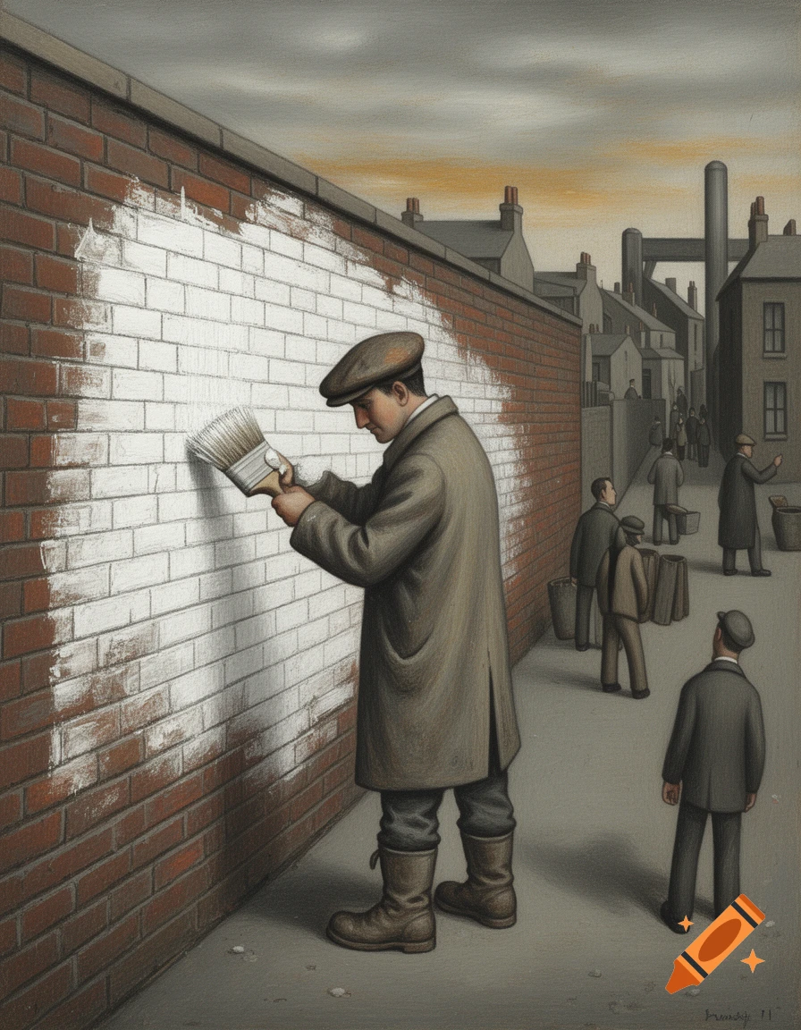 A man in a cloth cap whitewashing a brick wall in a Lowry-style industrial street scene.