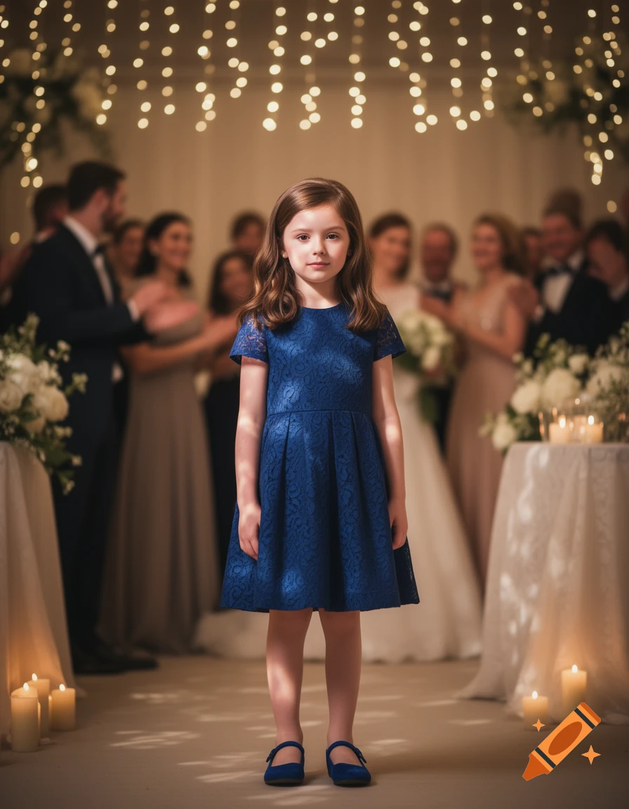 A photorealistic image of a young girl in a blue dress and blue shoes, standing in an aisle at a wedding, illuminated by string lights.