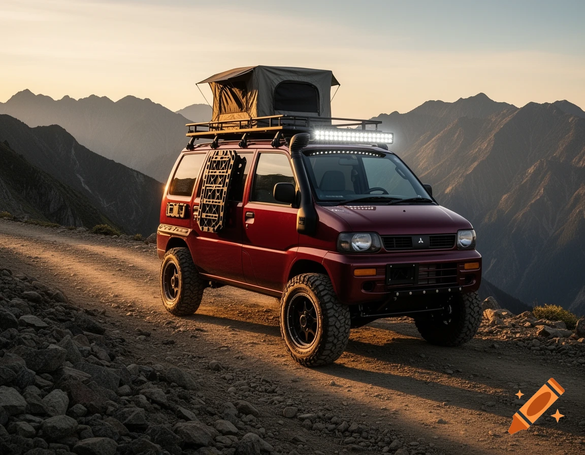 Photorealistic dark red lifted Mitsubishi Minica Toppo van on a rocky mountain trail with a rooftop tent and LED bar during golden hour.