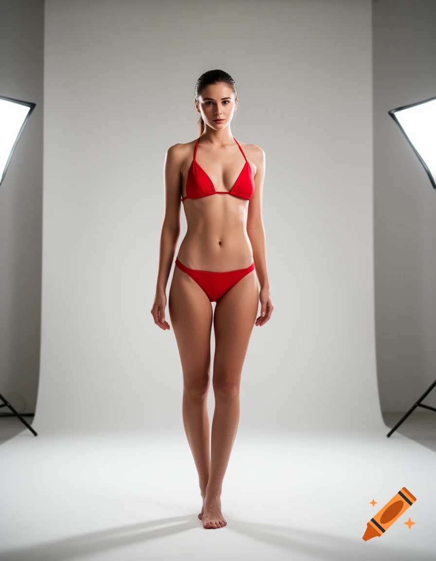 A woman in a red bikini stands in a professional studio, looking at the camera.