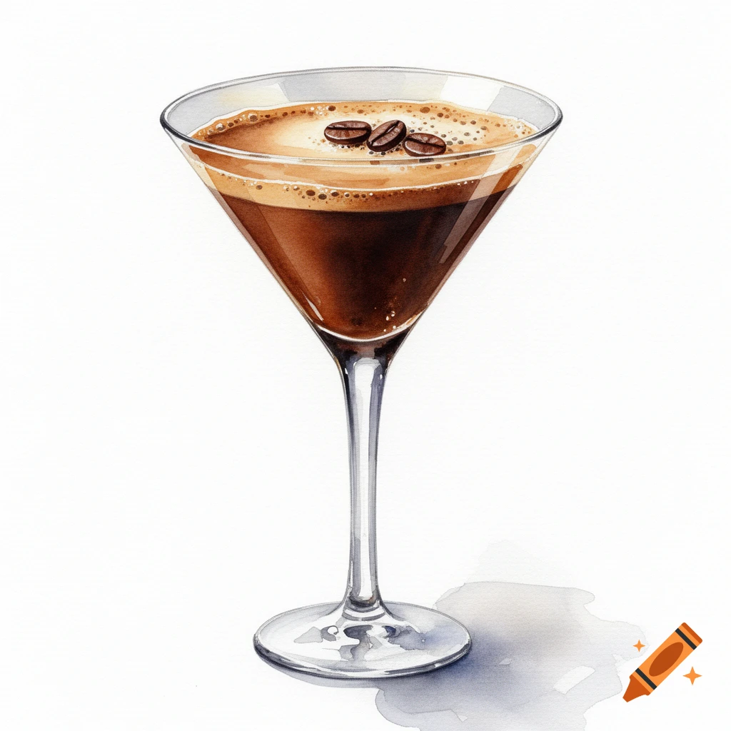 Watercolor painting of an Espresso Martini in a martini glass with three coffee beans on top, on a white background.