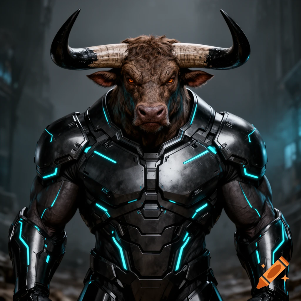 A realistic portrait of a minotaur wearing glowing blue and black futuristic armor, against a dark, industrial background.