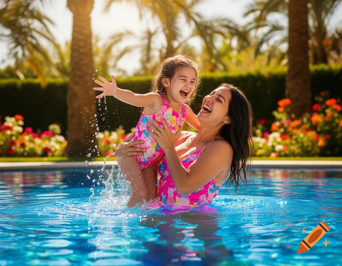 A mother and daughter joyfully splash in a swimming pool surrounded by palm trees and flowers under bright sunlight.