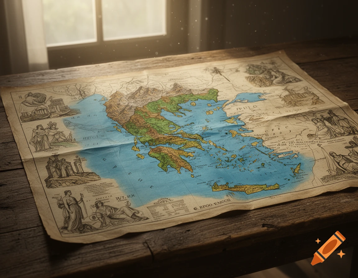 An antique map of Greece and the Aegean Sea, spread out on a wooden table, illuminated by sunlight from a window.