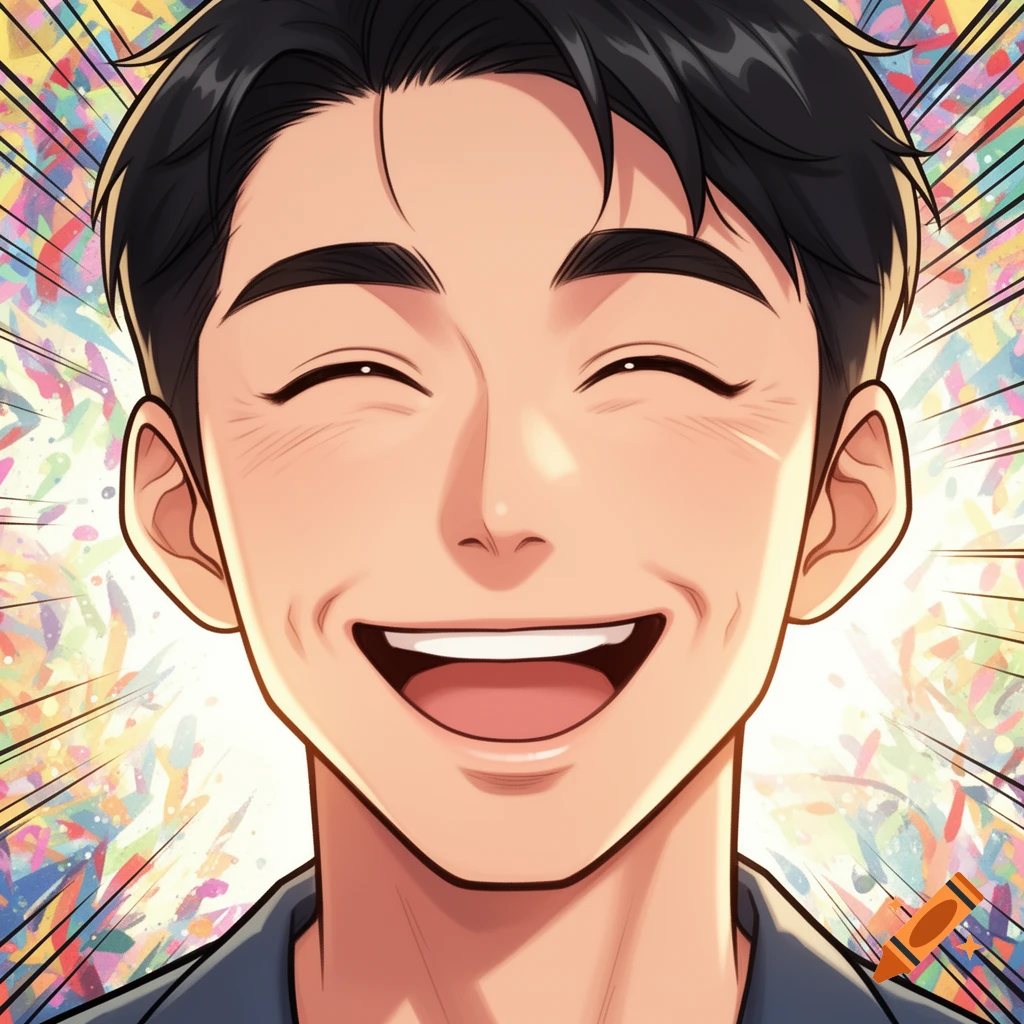 Close-up of a smiling man with black hair, rendered in a colorful webtoon style.