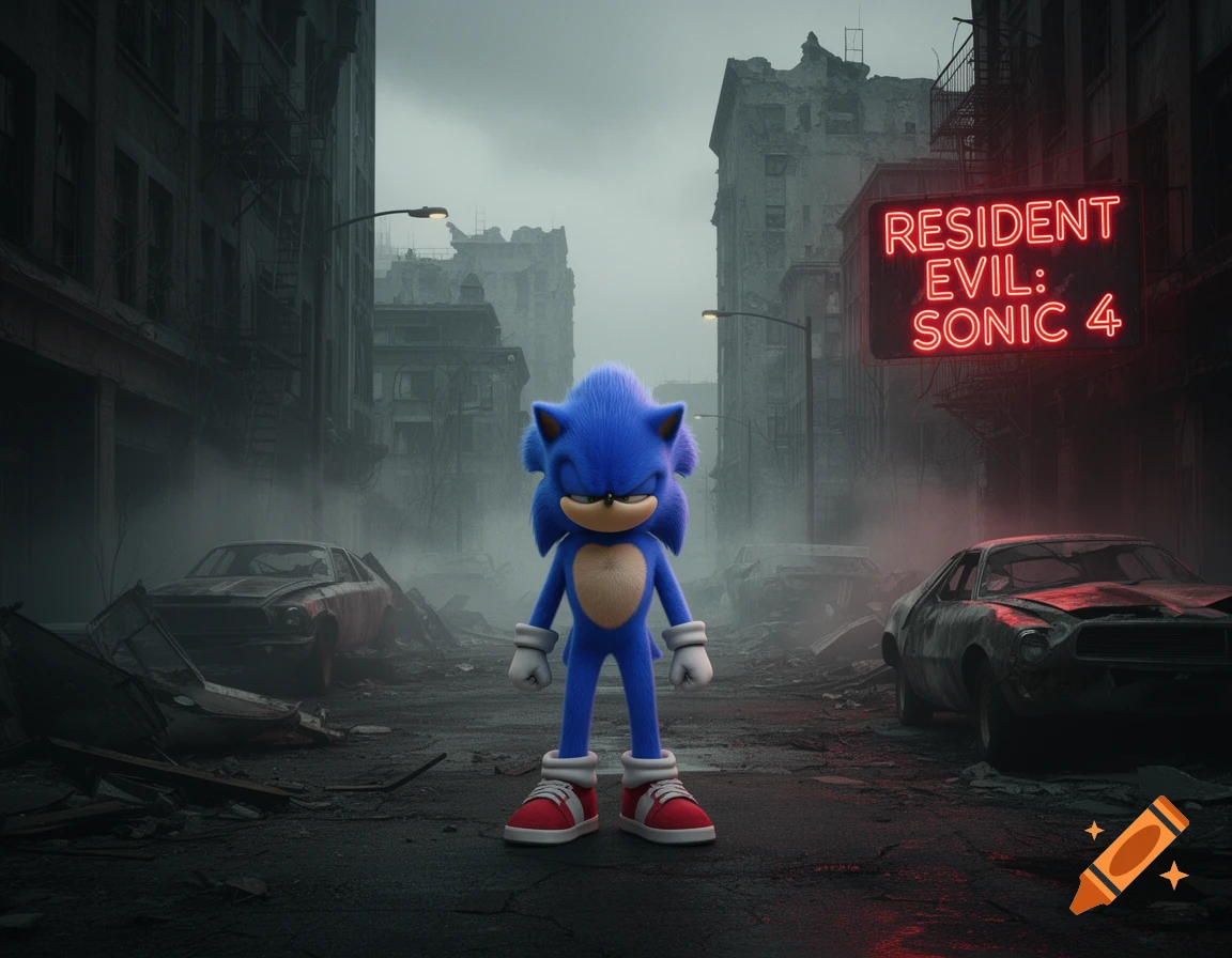 Sonic the Hedgehog stands in a ruined city street with derelict cars and a glowing neon sign reading "Resident Evil: Sonic 4".