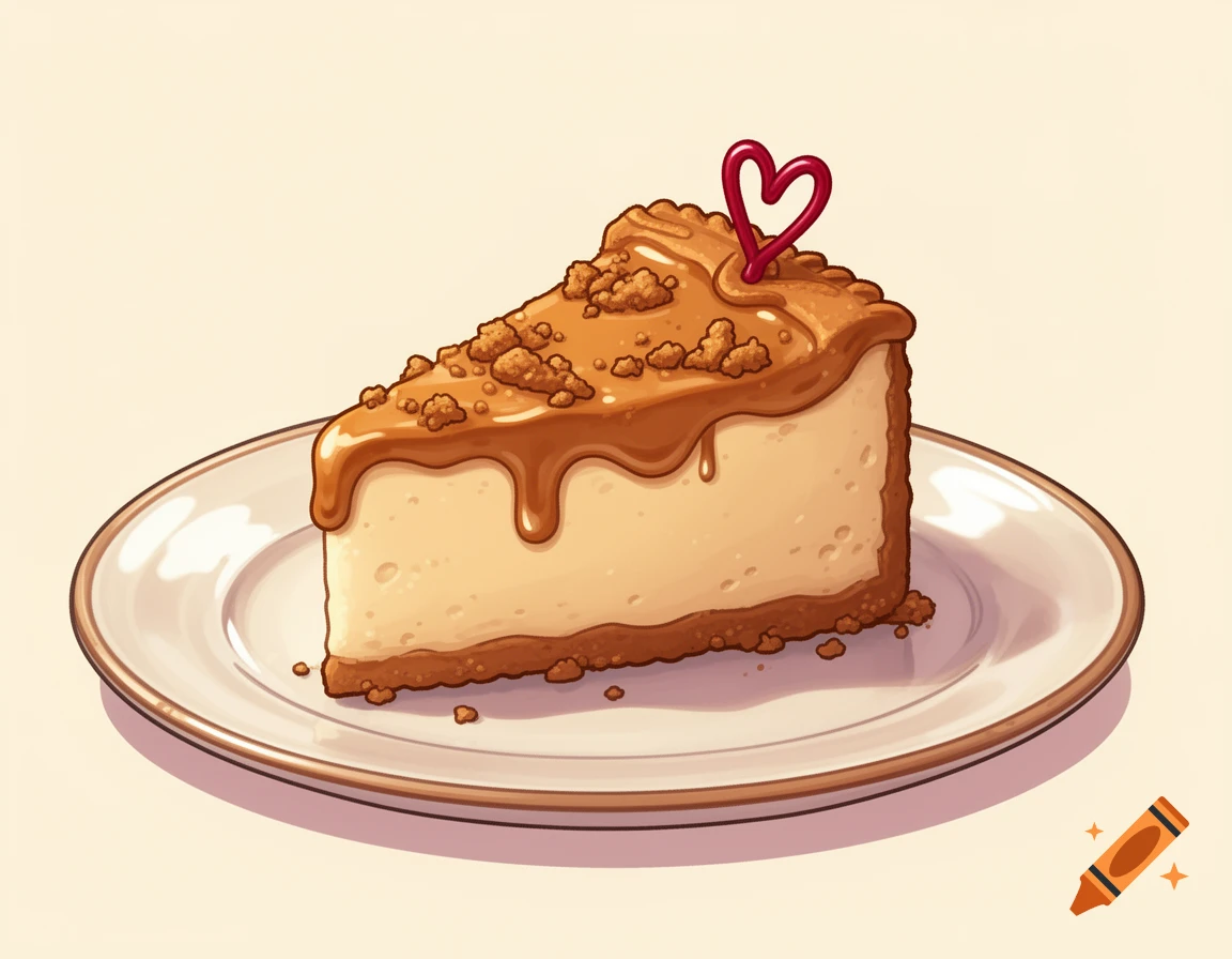 A cartoon slice of biscoff cheesecake with caramel drizzle, crumbs, and a red heart topper, served on a white plate.