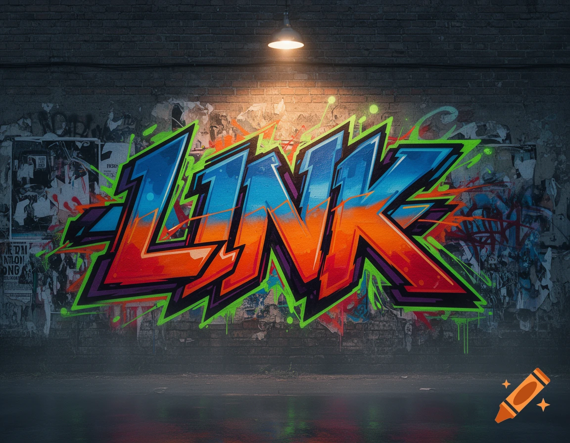Vibrant graffiti spelling 'LINK' in blue, orange, and red with a neon green outline on a brick wall, illuminated by a spotlight.