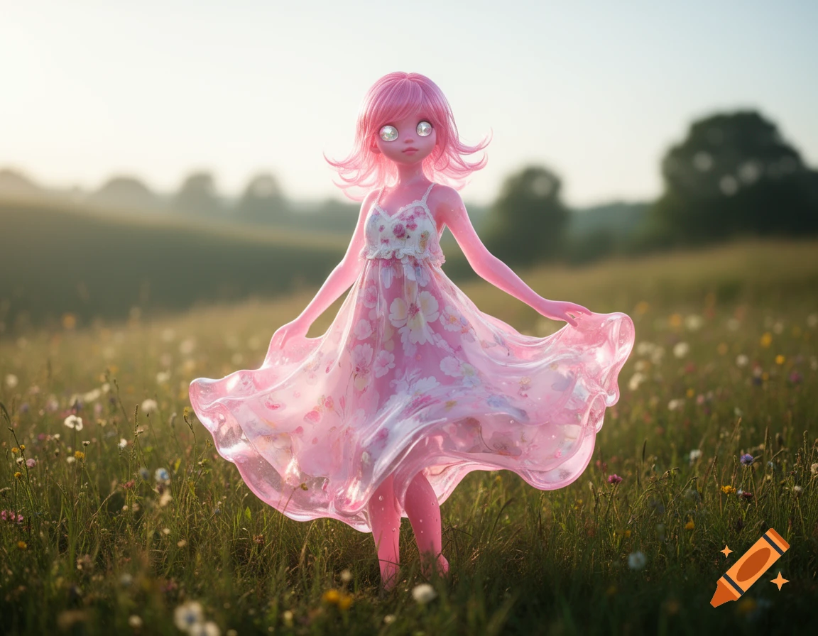 A pink, doll-like slime girl with glowing eyes wears a floral sundress, standing in a sunny, wildflower-filled field.