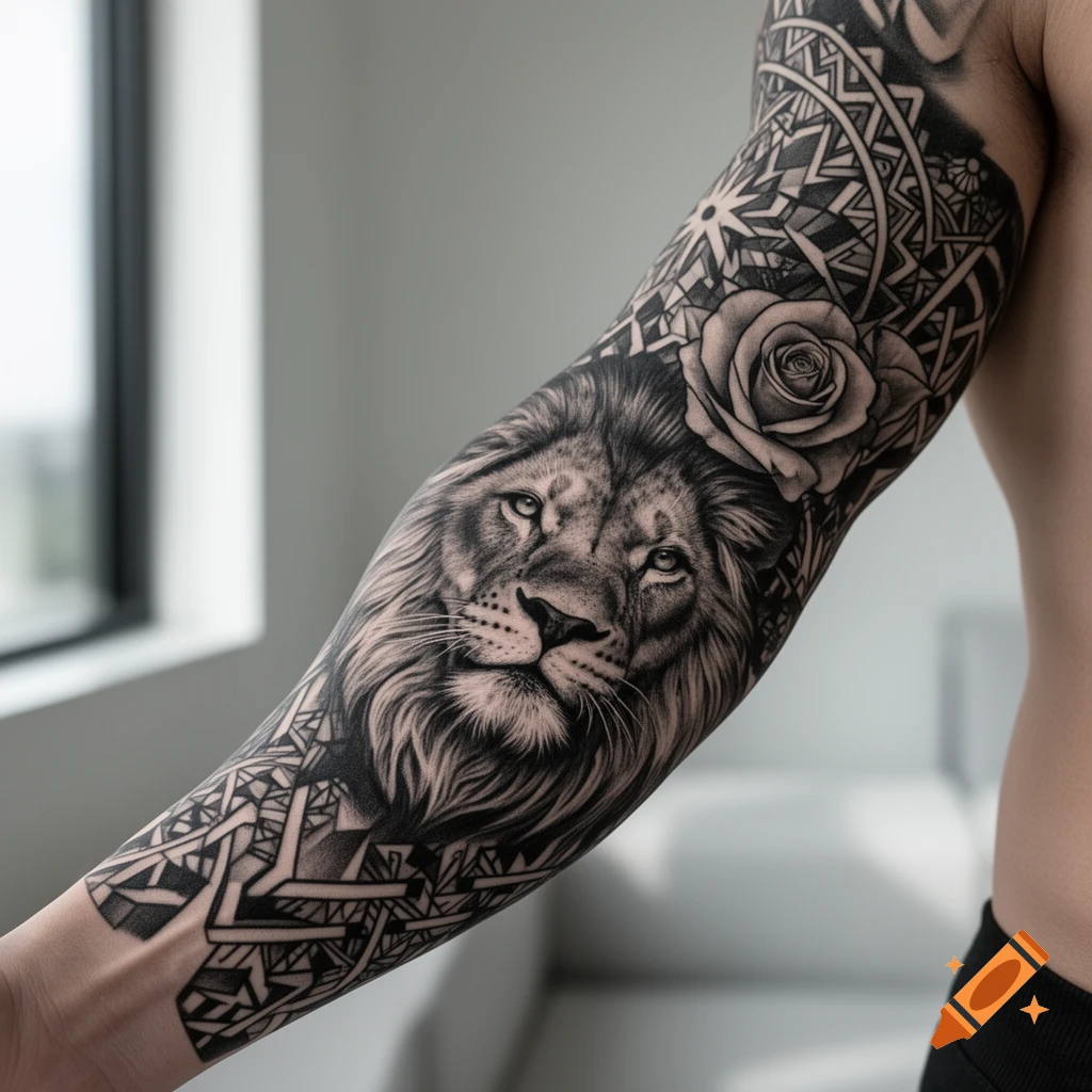 A black and white tattoo sleeve on an arm featuring a detailed lion's face, a rose, and intricate geometric patterns.
