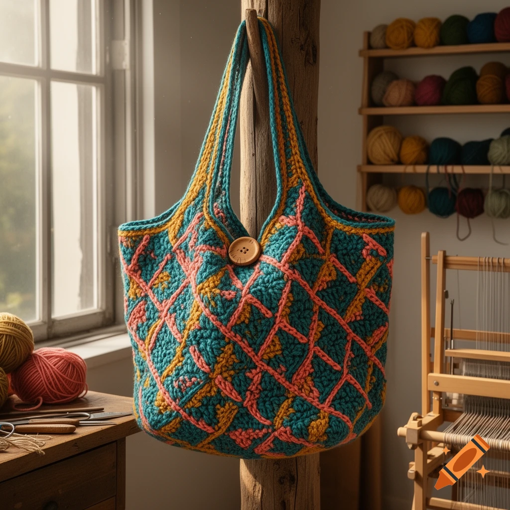 A vibrant teal and orange crochet bag with a diamond pattern hangs in a sunny craft room with yarn and a loom.
