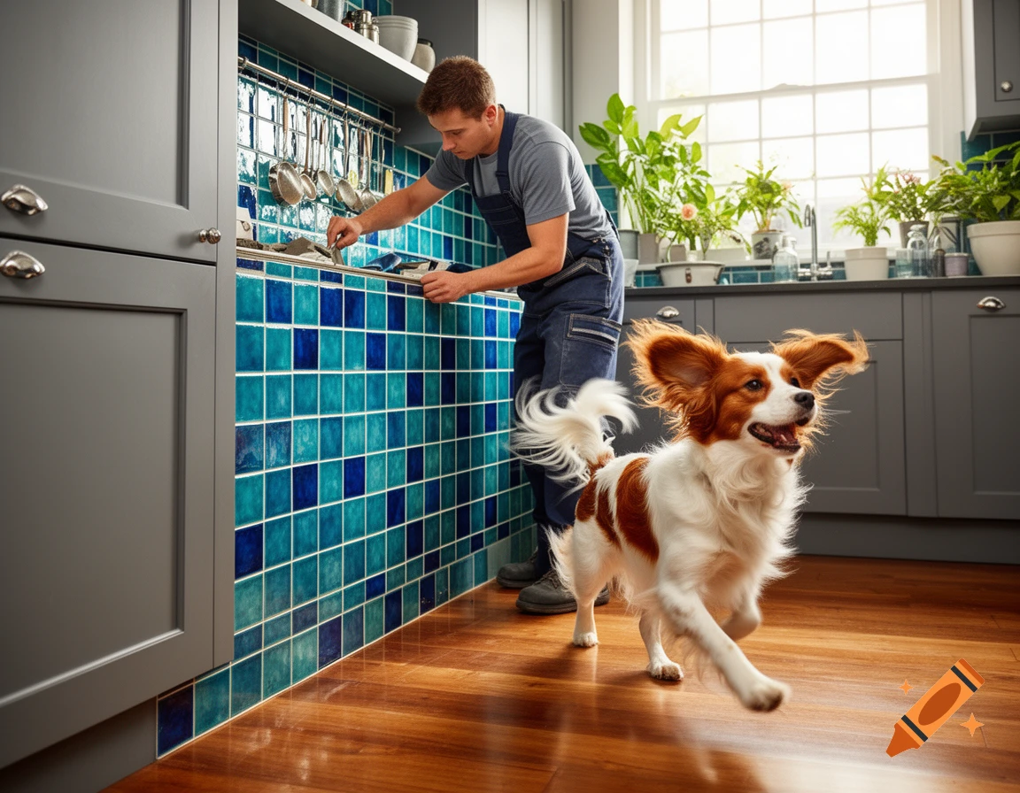 A man in overalls tiles a blue and teal kitchen wall while a fluffy brown and white kooikerhondje runs joyfully across the wooden floor.