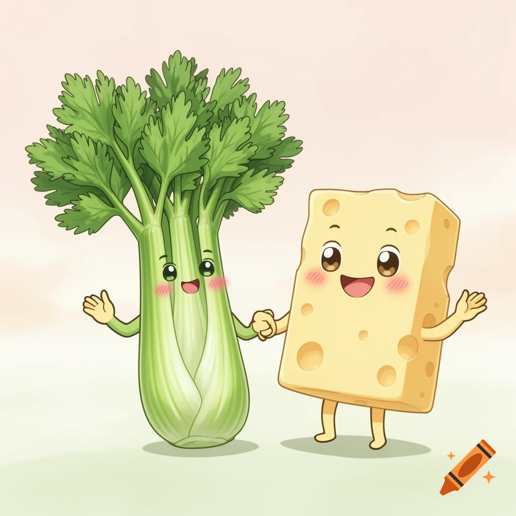 Cute anthropomorphic cartoon celery and cheese characters holding hands.