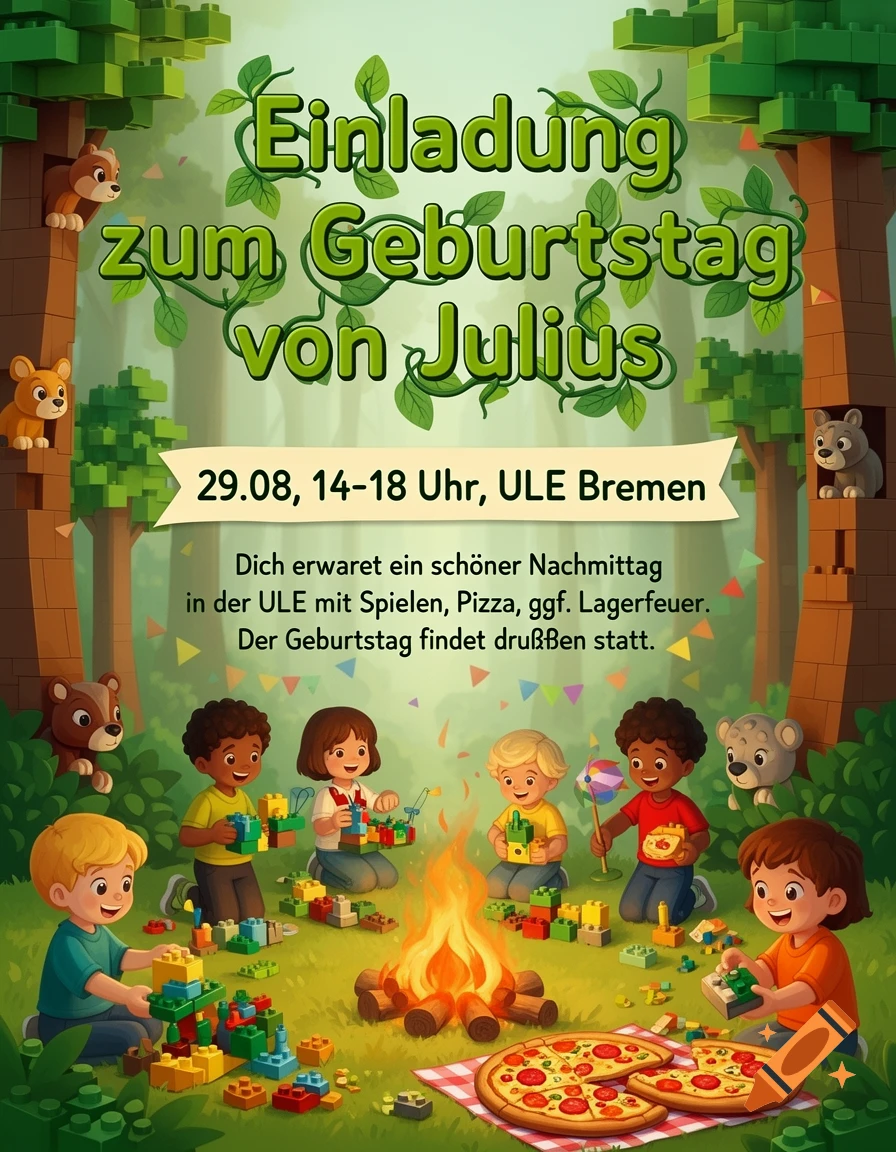 A colorful cartoon birthday invitation for Julius, showing children playing with Lego bricks around a campfire in a forest, with pizza and forest animals.