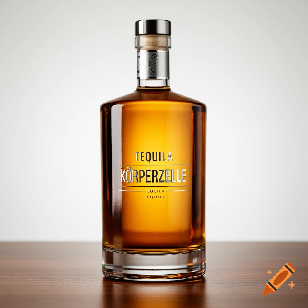 A photorealistic shot of a square bottle of 'Tequila Körperzelle' with amber liquid and a silver cap, on a wooden surface.