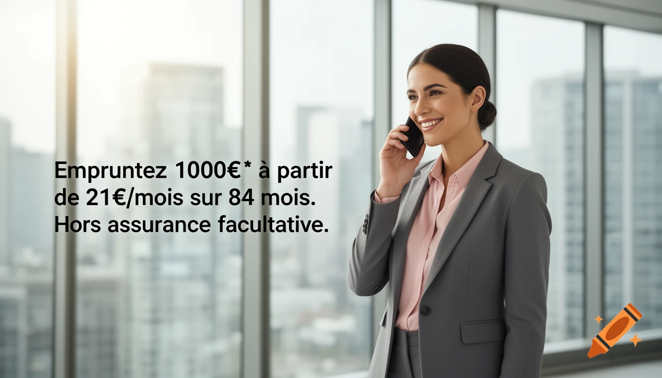 Smiling businesswoman on a phone in a bright office, with French loan advertisement text.