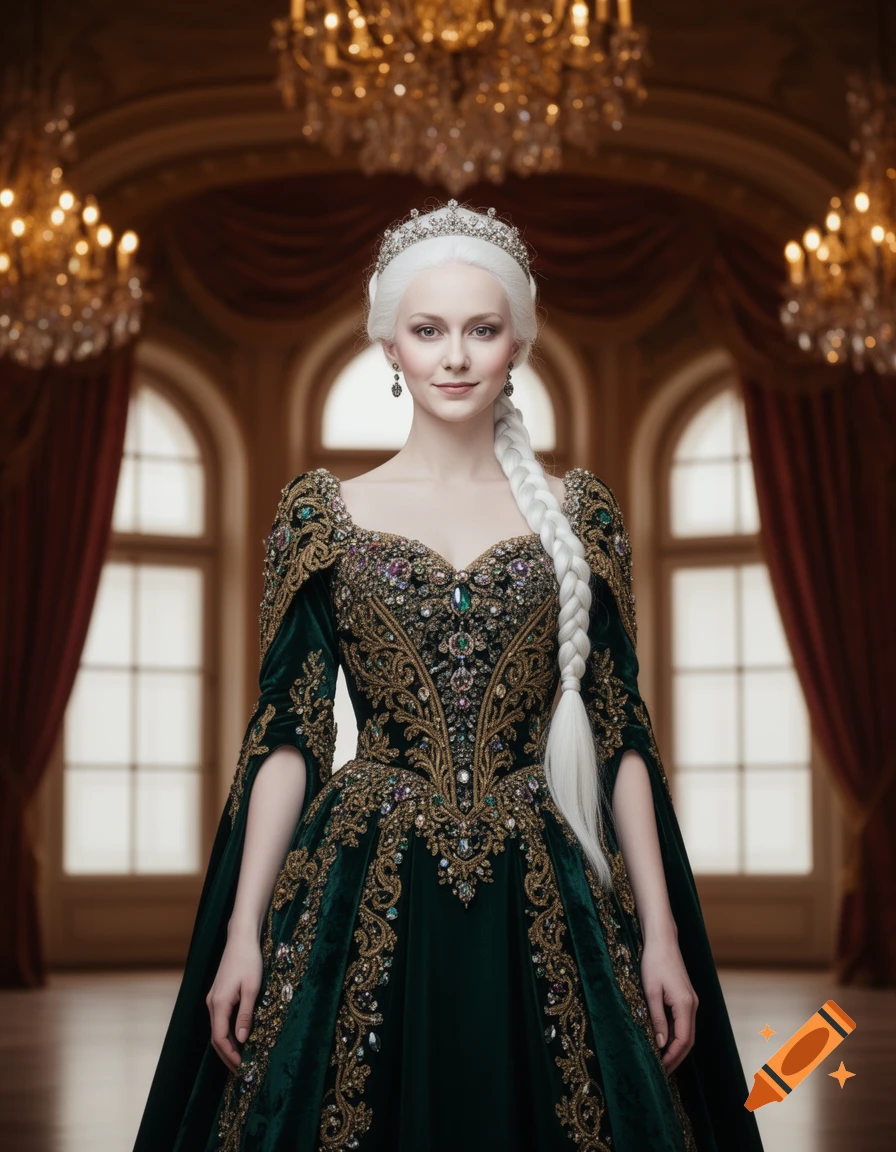 Fair-skinned queen with white braided hair, wearing an ornate green and gold gown and tiara in a grand, chandelier-lit hall.