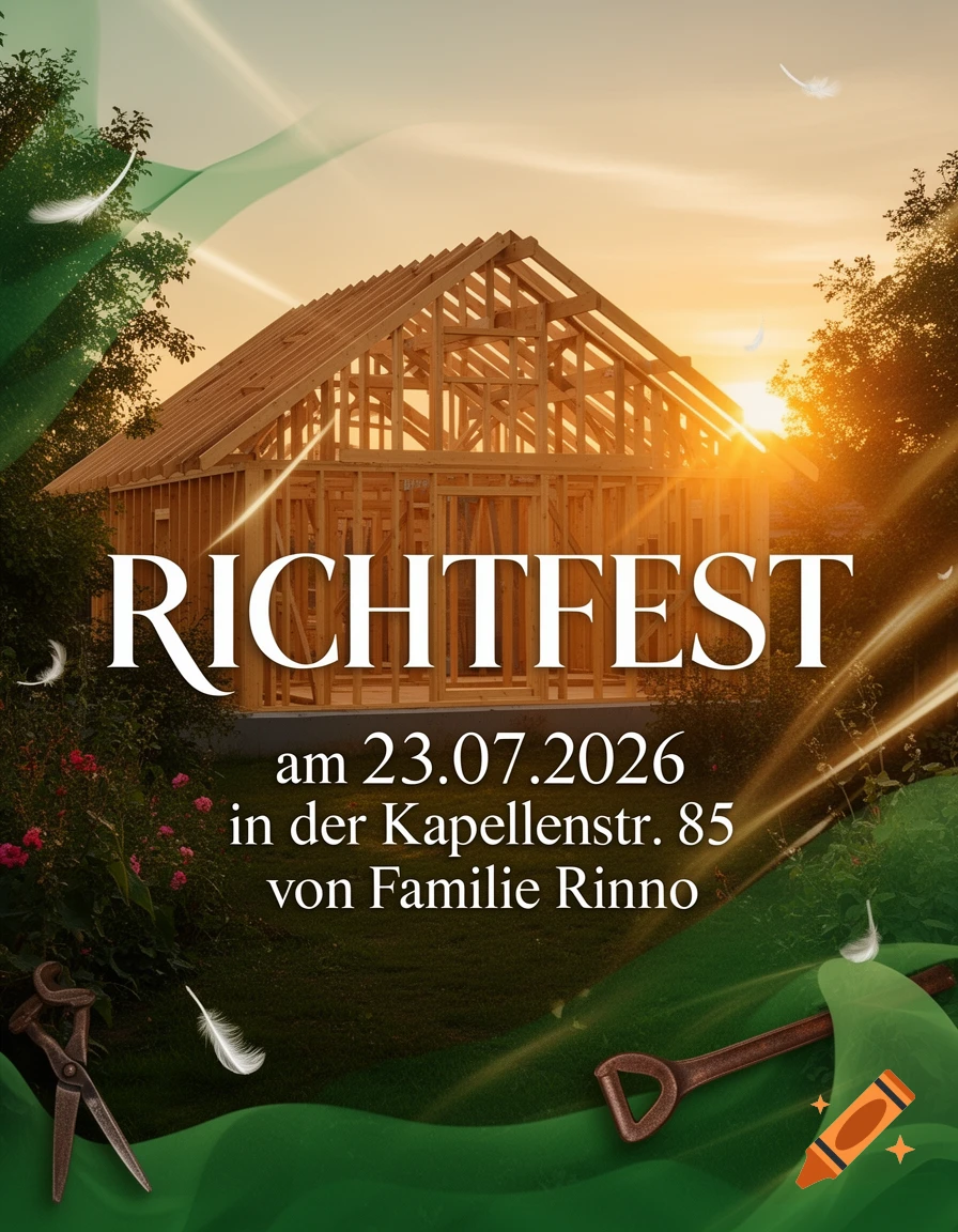 Flyer for a Richtfest with a wooden house frame against a sunset, green foliage, and event details.