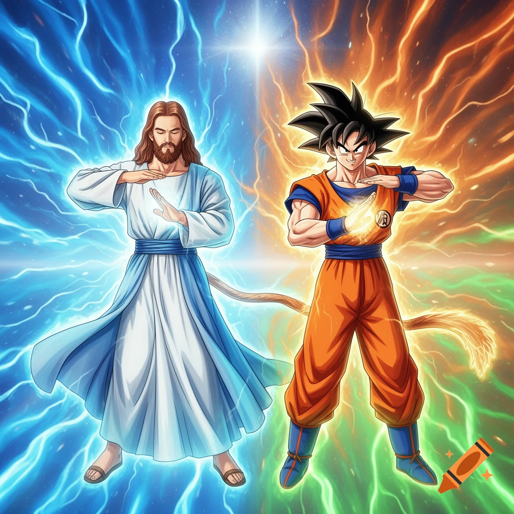 Anime style Jesus and Goku generating energy, Jesus in blue, Goku in orange and green, with a central bright star.