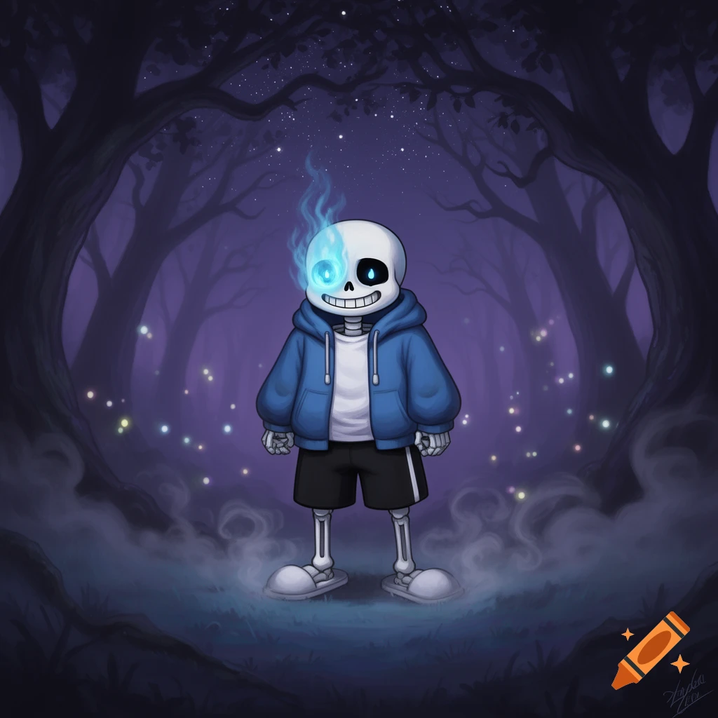 Sans from Undertale, a skeleton in a blue hoodie with a glowing blue eye, stands in a dark, mystical forest with fireflies.