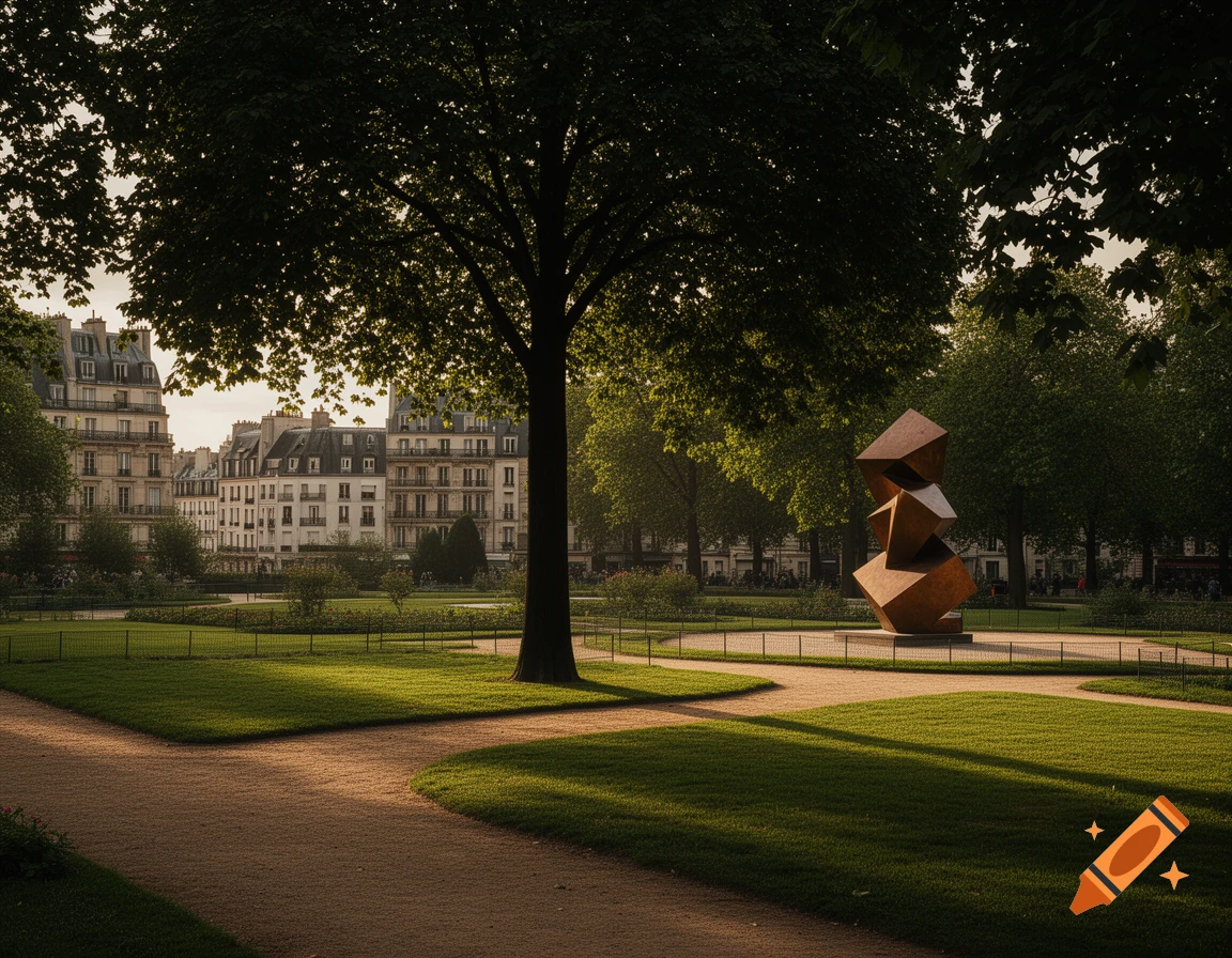 A cubist sculpture stands in a sunlit Parisian park with trees and historic buildings, dappled shadows on grass.