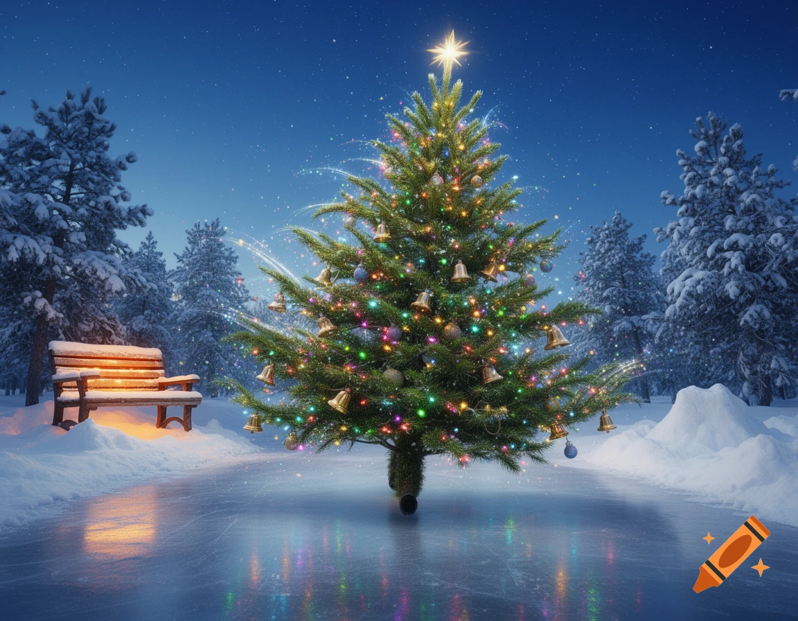 A festive Christmas tree with colorful lights and a star on top stands on an ice rink in a snowy park at night.