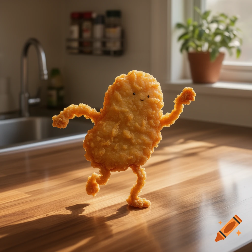An anthropomorphic, crispy chicken nugget with a small smile dances on a sunlit wooden kitchen counter.