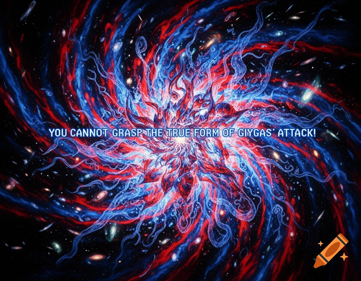 Vibrant red and blue cosmic vortex with stars and galaxies, featuring the text 'YOU CANNOT GRASP THE TRUE FORM OF GIYGAS' ATTACK!'.