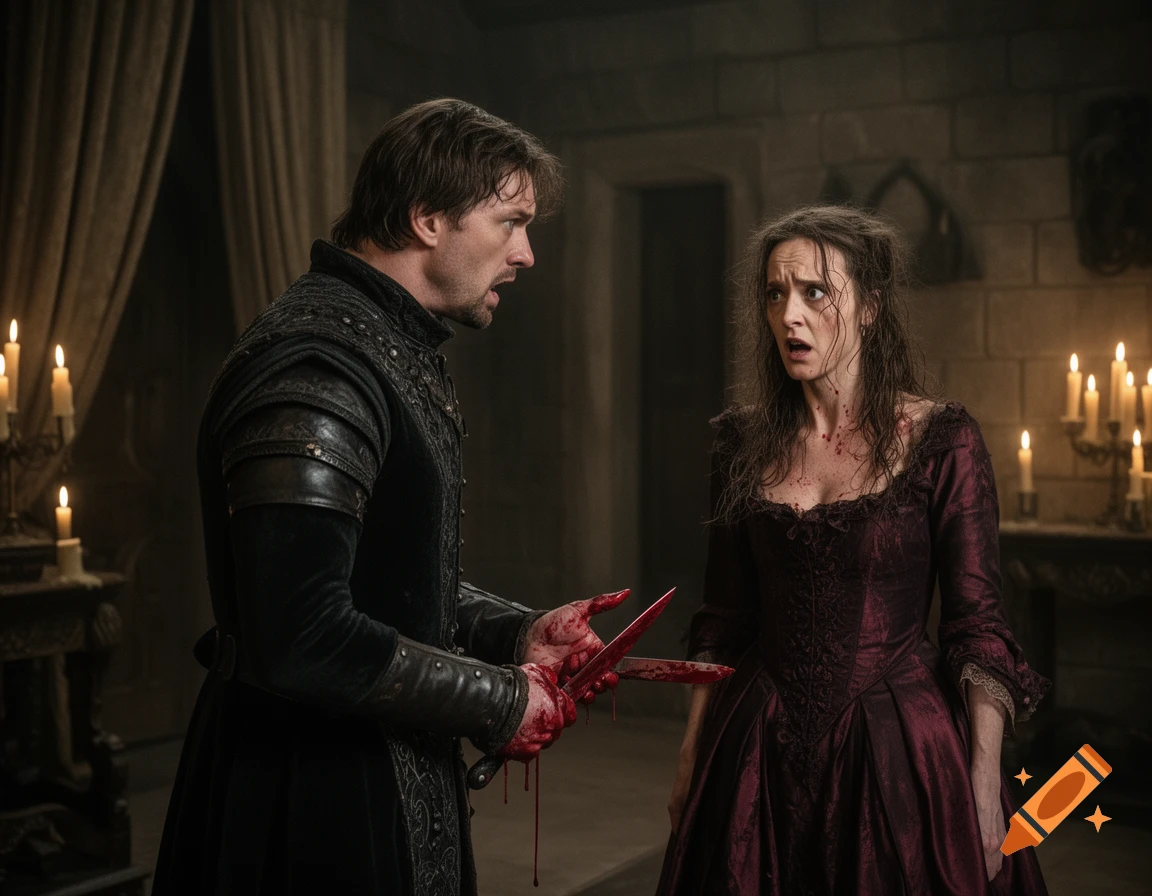 A man in black period clothing holds bloody daggers, looking distraught at a shocked woman with blood on her chest in a dark, candlelit room.