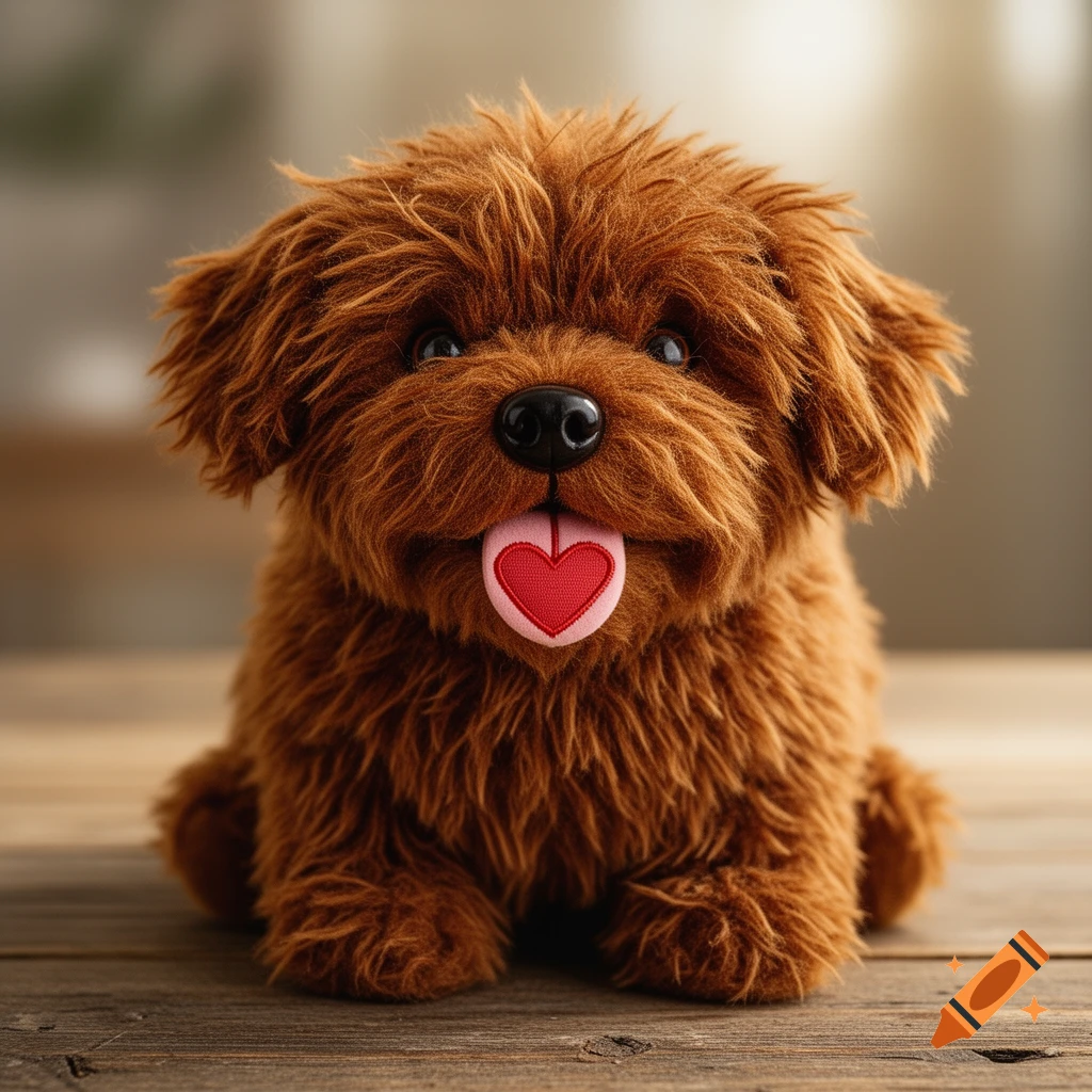 A fluffy brown dog plush toy with a red heart on its pink tongue sits on a wooden surface.