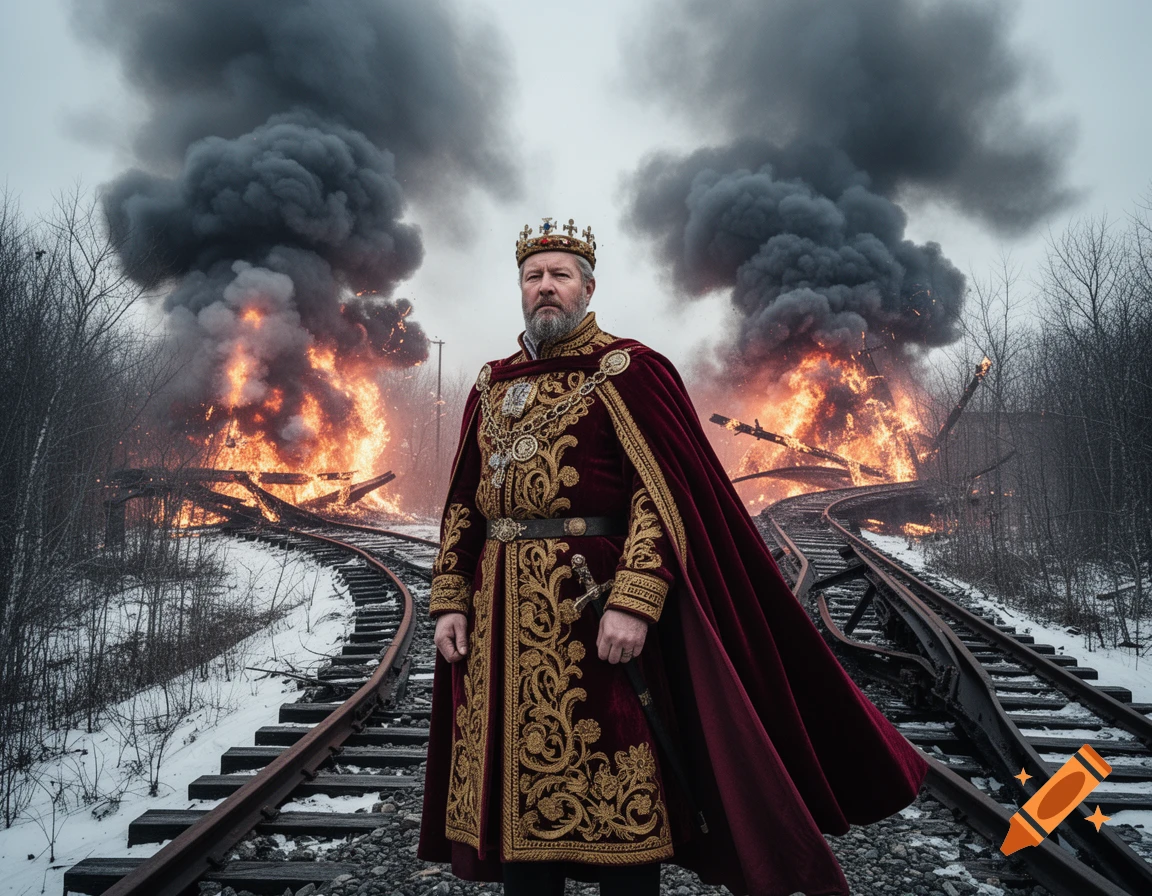 A majestic king stands on snowy train tracks, looking stoic as fire and black smoke erupt from burning wreckage behind him.