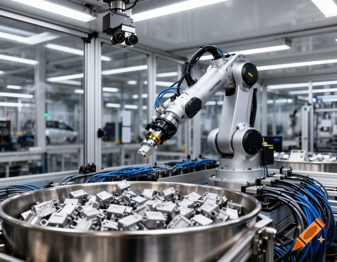An industrial robot arm is shown in a modern factory setting, picking small silver components from a large metal bowl.