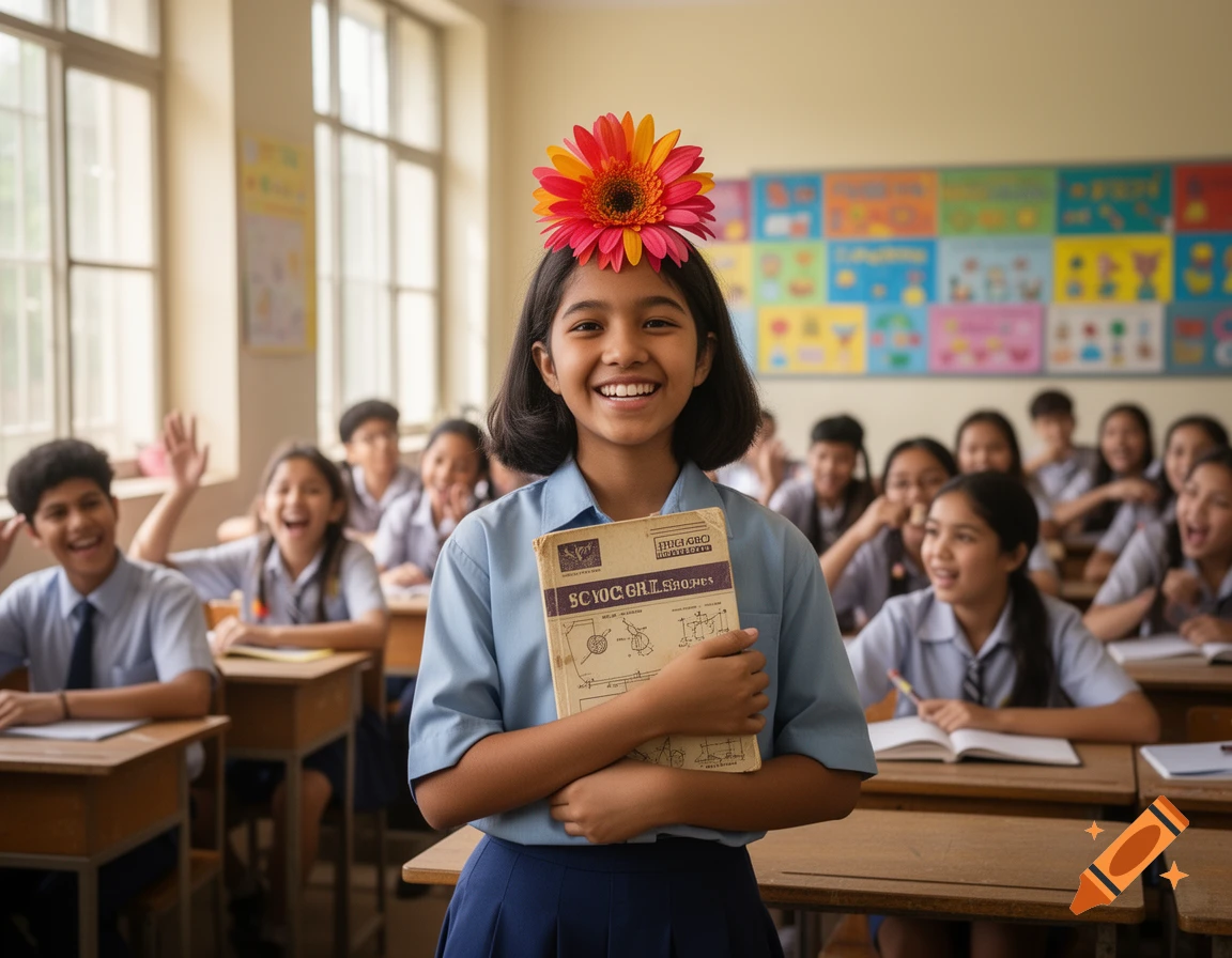 A smiling girl with a vibrant flower on her head holds a book in a sunlit classroom filled with students.