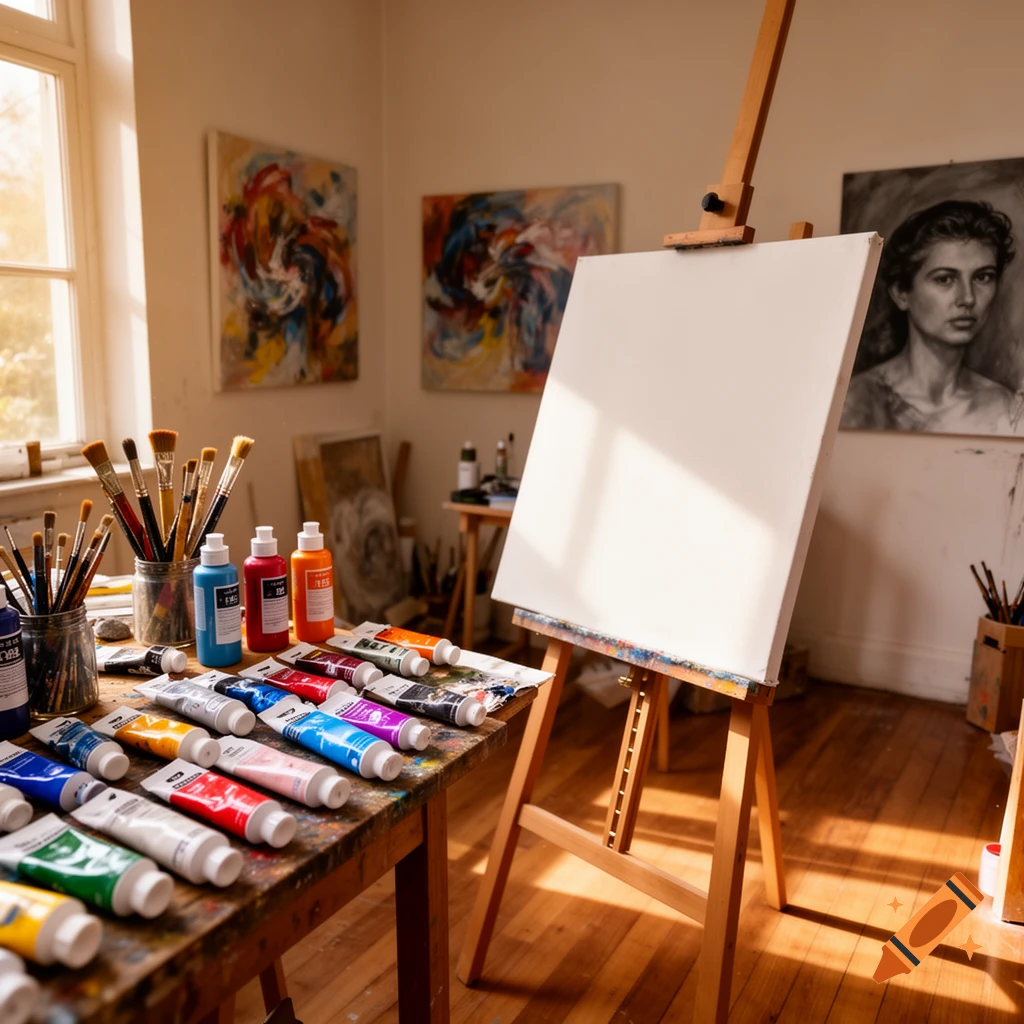 A sunlit art studio with an empty canvas on an easel, various paint tubes and bottles, and brushes on a wooden table, with abstract and portrait paintings on the walls.