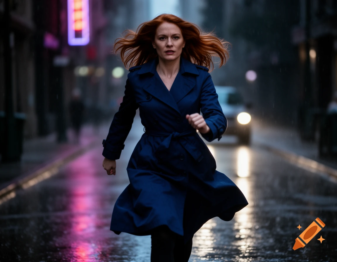 Red-haired woman in a blue trench coat runs down a rainy city street at night, with glowing neon reflections on the wet ground.